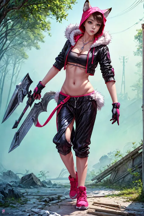 Oh, league of legend, sexy for, wallpapers, detailed eyes, fox ear, (fox tails), a skirt, (long pink fur), medium breasts, Looking at_Shown in_Looking atl espectador, short_Hair, gloves, belly button, fail, Blue_there are eyes, Eternal, full_body, weapon, ...