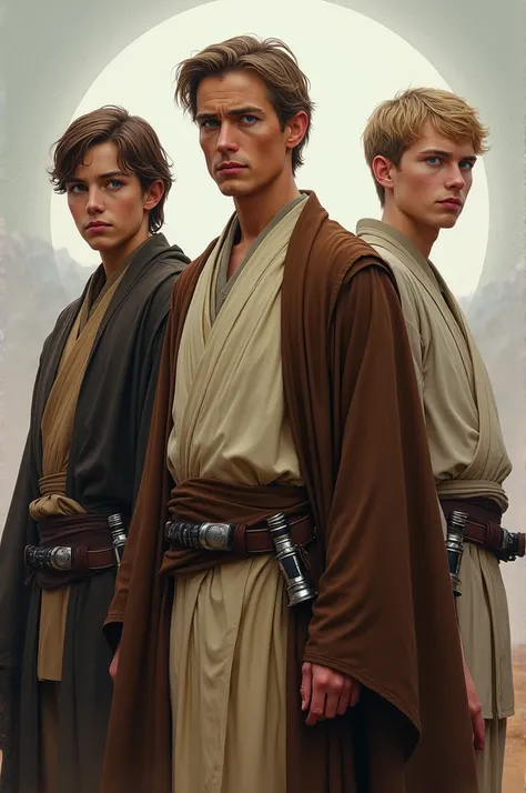 Three men in the picture: the first one with the height of 1.85, light brown hair, short cut, brown eyes, dressed as a Jedi Knight, and about 50 years old. The second with a height of 1.85 with light brown hair, blue eyes, short cut, with jedi knight cloth...