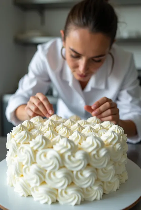 Pastry chef making finishing touch on a beautiful white cake, richly decorated with white frosting, hyperdetailed photography, front low angle shot, depth of field, close up, ultrarealistic, soft lighting, 8k, photographic,