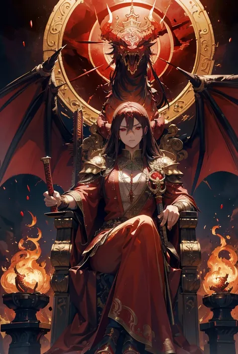 a king with red eyes wearing a demon mask, sitting on a throne, with a heavenly sword and a demonic sword standing near him, surrounded by a dragon, phoenix, griffin bowing before him, with a large castle with flames in the background, highly detailed, 8k,...