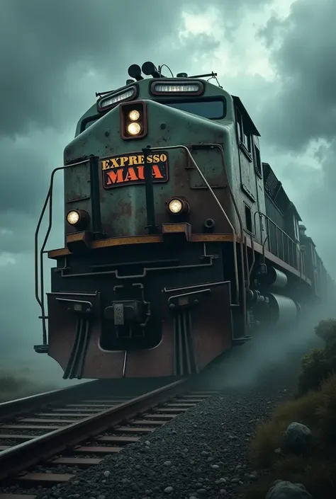 create an image of a scary train with dark and hostile weather written “Expresso Mauá”