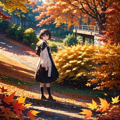 ((masterpiece)), ((high resolution)), ((best quality)), (ultra-detailed), anime, ((extremely detailed)), 4K, (8K), best quality, dynamic angle, (beautiful), 2girls, autumn, autumn leaves, outdoors, smile,