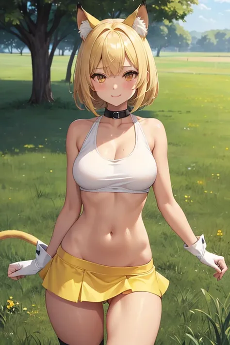 High quality, Ultra detailed, best quality, insanely detailed, beautiful, masterpiece,Sexy cat-eared girl in a very revealing outfit thats almost naked wearing extremely low-waisted yellow microskirt and white sports bra is dancing in the grassland,Blonde ...