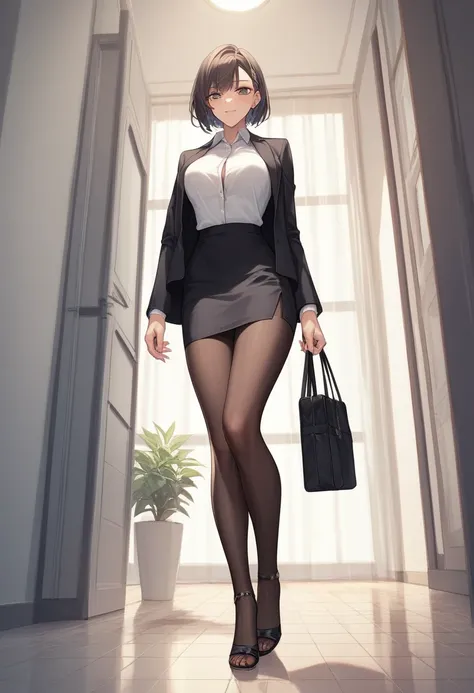 ((Best Quality)), ((masterpiece)), (be familiar with) Perfect Face、Mature beautiful woman、Standing, The whole body, even the toes, See the audience at your feet、Looking down、Office Style、business suit、Black jacket、White open shirt、Black knee-length pencil ...