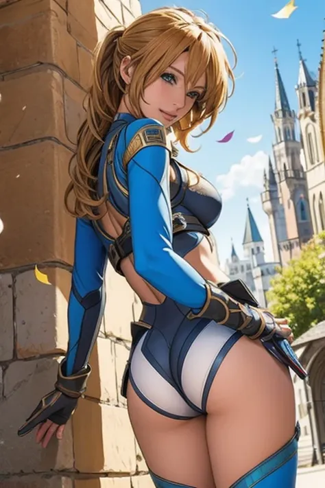 Best Quality, Official Art, masterpiece, Textile Shading, High resolution, Very detailed, colorful, Best details, Fantasy, Combat Uniform,1 female, 2, A castle town with an old castle view, sunny,Messy Hair, Large Breasts, skinny,Surrounded by a lot of peo...