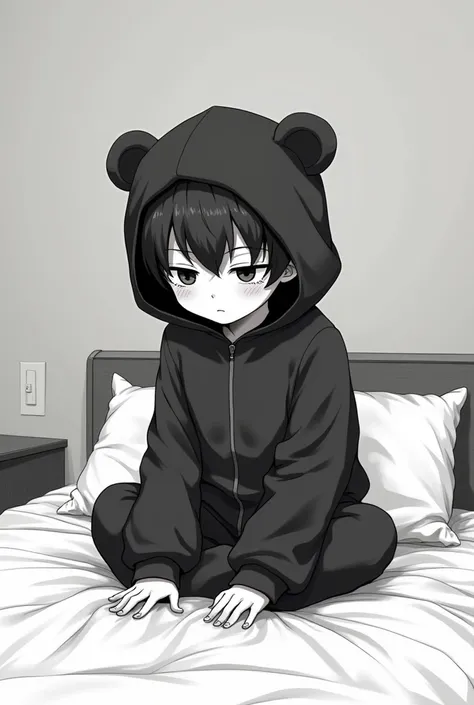 Believe me a picture of a boy in a bear suit sitting on a bed looking emotionless and cold in black and white anime version 
