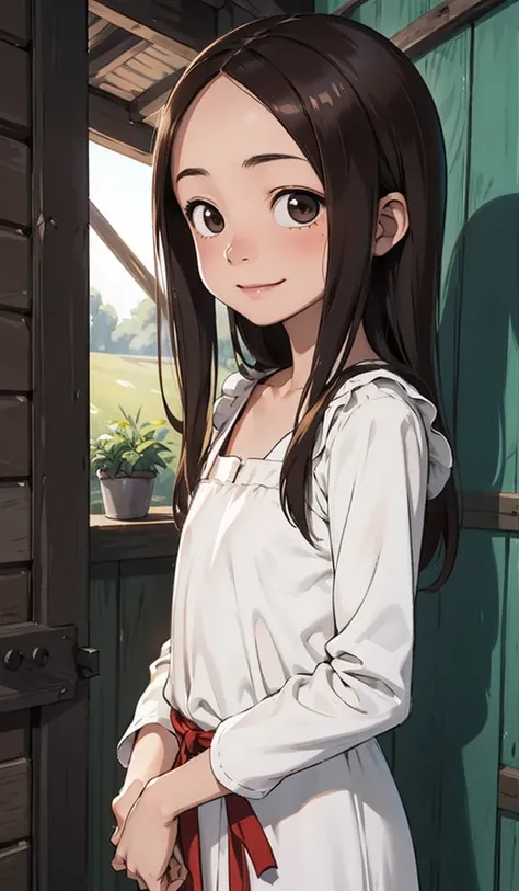 takagi, 16yo, standing, long hair, brown hair, brown eyes, flat chest, she is blushing and smiling, (plain dress, white medieval peasant dress), (inside a simple medieval hut)