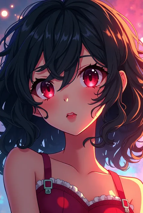 Boku no hero anime style girl, by tez clara, curly black hair, Wine red eyes and a mole on the lip