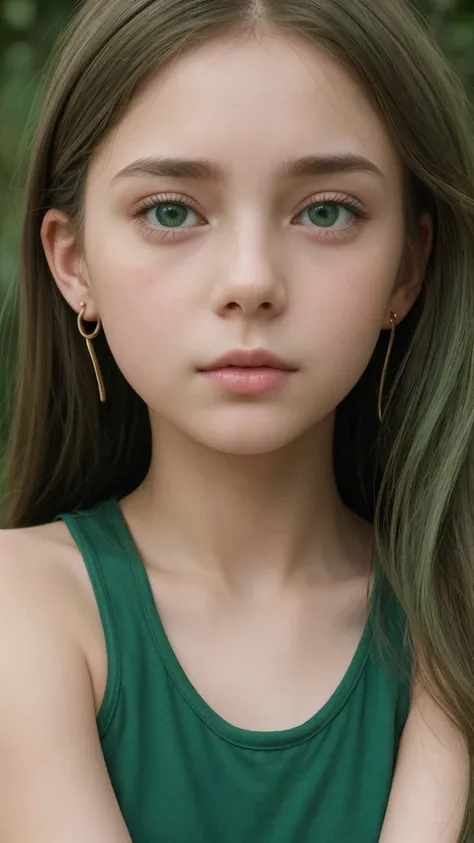 a girl. european. extremely detailed face. oval face. delicate features. half-closed eyes. green eyes. long straight hair. green hair. rosy cheeks. earrings. tank top. collarbone. tank top. sad. shy. scared. looking straight