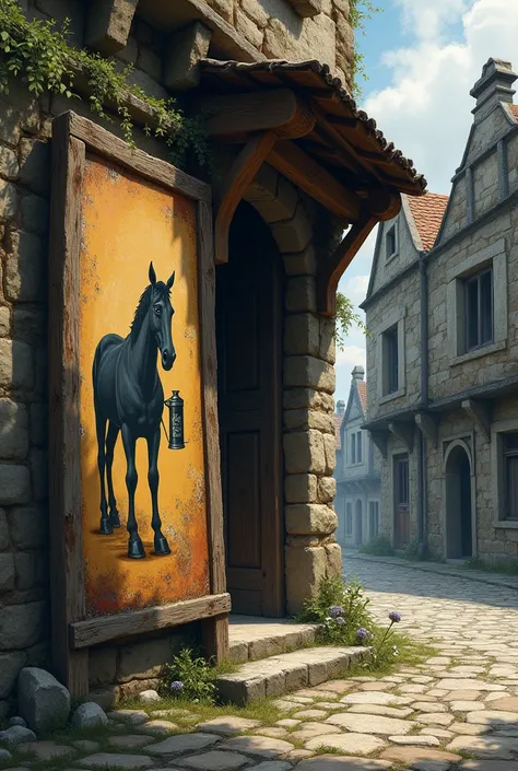 A weathered signboard by the door of this the oldest building shows the faded image of a workhorse holding a flagon of ale. The building is sagging and dilapidated, but it is more intact than the ruins across the road. 