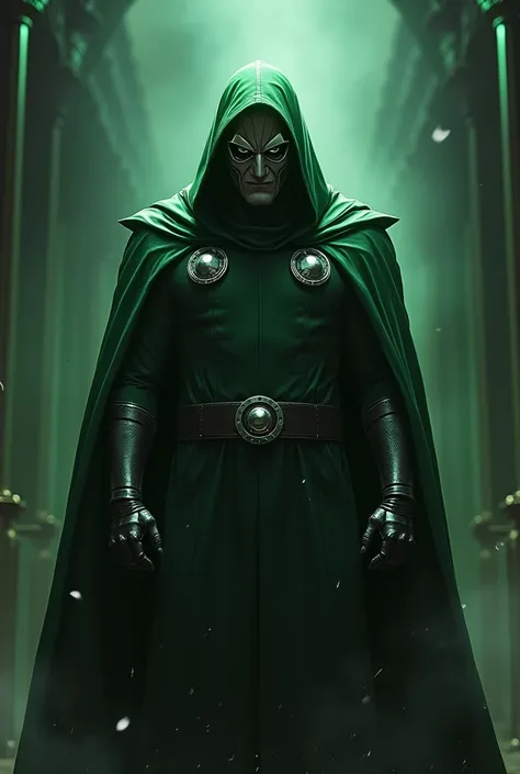 Doctor Doom with a silver mask similar to Iron Man&#39;s, with a green hood, facing spiderman in a dark room with green lights