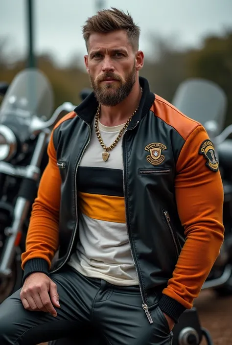 master piece, HD wallpaper, 4k hombre australiano handsome y musculoso )(hairy body) strong and muscular legs tight leather pants, Two-tone T-shirt with a spectacular fashion leather and velvet jacket, Fashion, modern surrealist print,, close up, perfect f...