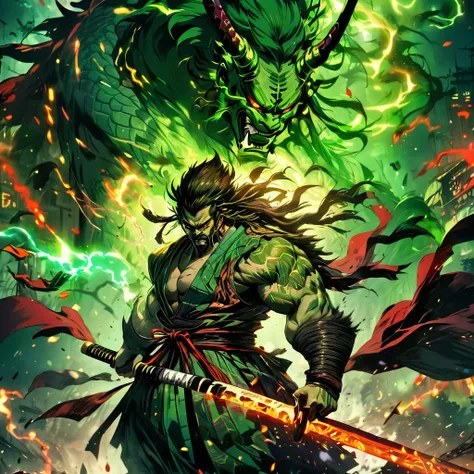 Beast samurai holding a sword、Ferocious mythical creatures、Huge spiral horn、Wild Green Mane、Shining Eyes、Roaring standing posture、Feet with thick claws、Electrifying lighting effects、Surrounded by bolts of energy、Powerful and dramatic lighting、Light from al...