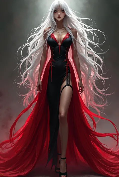 Create a powerful and imposing goddess, with long white hair that falls to her waist, intertwined with red strands that shine brightly. Her eyes are completely black, conveying a sense of mystery and immeasurable power. She wears a red and black outfit, st...