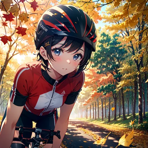 top quality, 8K, Japan, Sunlight, elegant girl, wearing (cycling wear,) riding a red bicycle along a tree-lined avenue. Bicycle helmet, cycling shoes, ginkgo autumn leaves with fallen leaves, (short hair), detailed hairstyle, highly detailed, accurate shad...