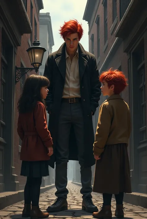 A girl and a boy both (not a couple) They see a 1 red-haired teenager and this teenager threatens them in an alley that seems to be from 1893. draw it please