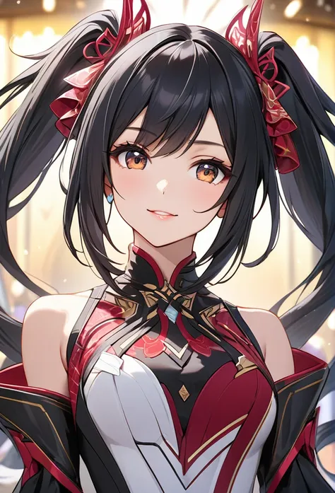 Upper body close-up（((masterpiece), on)"Tenno Ririsa in an elaborate cosplay of an anime character, with long black hair styled in twin-tails, wearing a glamorous dress and accessories. The background is an anime convention hall, and she strikes a confiden...