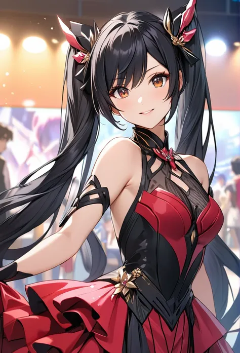 Upper body close-up（((masterpiece), on)"Tenno Ririsa in an elaborate cosplay of an anime character, with long black hair styled in twin-tails, wearing a glamorous dress and accessories. The background is an anime convention hall, and she strikes a confiden...