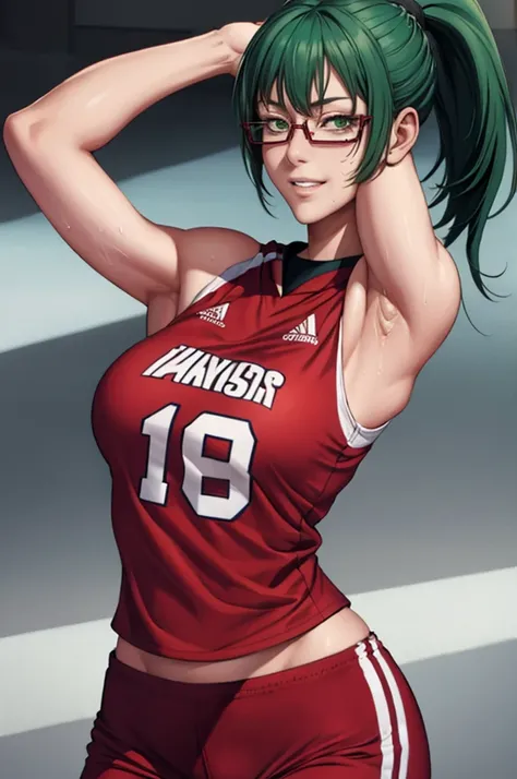 masterpiece, best quality, maki zenin, glasses, volleyball uniform, green hair, ponytail,red pants, looking at viewer, small bre...