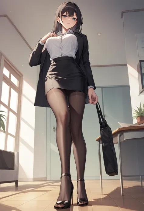 ((Best Quality)), ((masterpiece)), (be familiar with) Perfect Face、Mature beautiful woman、Standing, The whole body, even the toes, See the audience at your feet、Looking down、Office Style、business suit、Black jacket、White open shirt、Black knee-length pencil ...