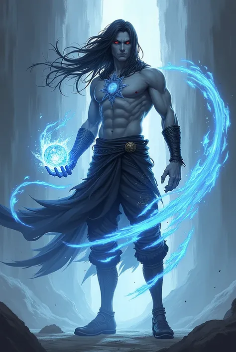 Gray-skinned man with blue and red eyes, long black hair, wearing torn clothes, black shoes, and a black gem on his chest, standing radiating power and with a universe in his hand and a large sword of pure anime-style energy.
