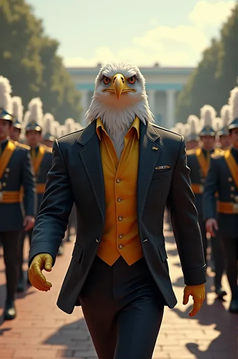 A marching band and a realistic eagle with a marching band suit in a black jacket and a yellow shirt
