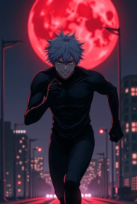 1boy, full body shot, 173 cm, itadori yuuji, black outfit, gray hair, run, angry, red and dark moon city night background, wallpaper, cinematic,High resolution 8K, Bright light illumination, lens flare, sharpness, masterpiece, top-quality, The ultra -The h...