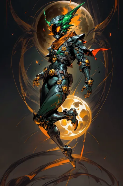 One third of the screen is a full moon　Dark Hero　Wearing an orange glowing scarf、He wears modern dark green full body armor over a black bodysuit and a helmet with a skull and insect design.、He wears glowing red goggles and a golden belt around his waist t...