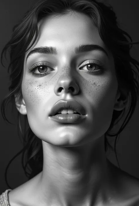 Beautiful female face made in pencil and charcoal High resolution, best quality, detail, high quality, Super Detail, Textured skin, bottom view, Multiple views, Backlighting, artistic, bright eyes, contrast 