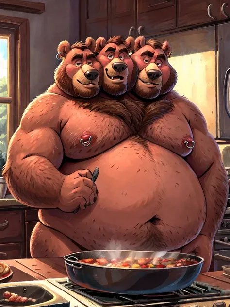 solo, older male, three headed bear, bear ears, brown fur, (bald), beards, ear piercings, nipple piercings, prince albert piercing, twins, tall, three thick necks, three double chins, (cooking), frowning, natural pose, tall, adult, detailed eyes, 2d, by di...