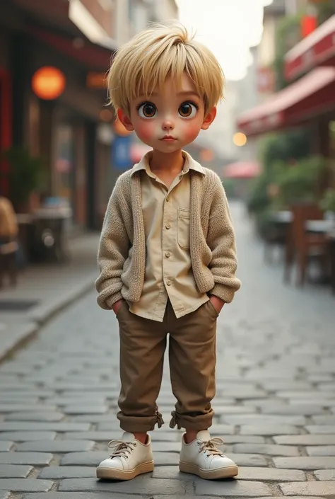 A 1 boy is posing in a casual urban setting, looking authentic and down-to-earth. He has short blond hair, with a few strands falling naturally over his forehead, adding a relaxed touch to his look. His eyes are a deep, bright black, and his expression is ...