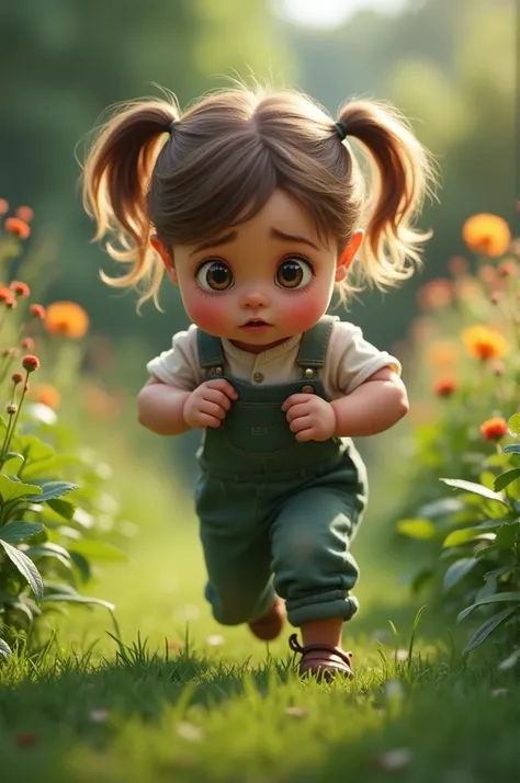 A  child is running in a garden. She is wearing gardening clothes., is Scared, Scared, Perfect quality, Clear focus (mess - house: 0.8), (masterpiece: 1.2) (realistic: 1.2) (bokeh) (The best quality) (detailed skin: 1.3) (intricate details) (8K) (Detail of...