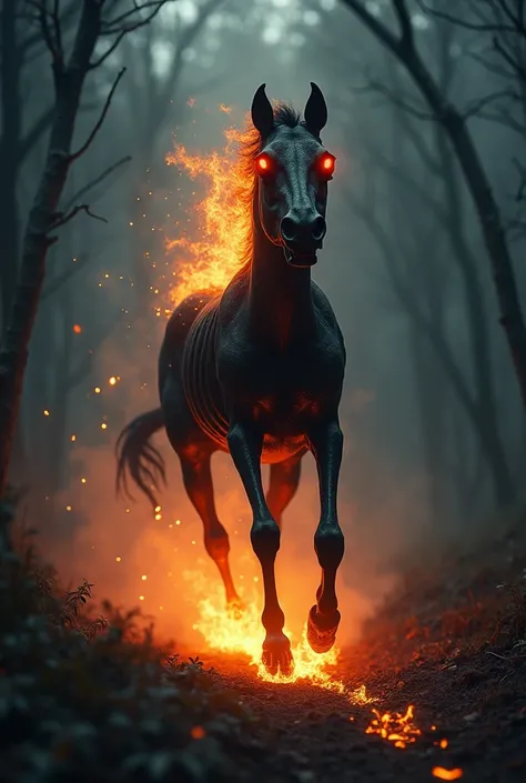 A terrifying, headless creature resembling a horse, with flames violently erupting from its neck where the head should be. Its body is dark and skeletal, with glowing red eyes in the empty void where its head would have been. The Mula Sem Cabeça gallops th...