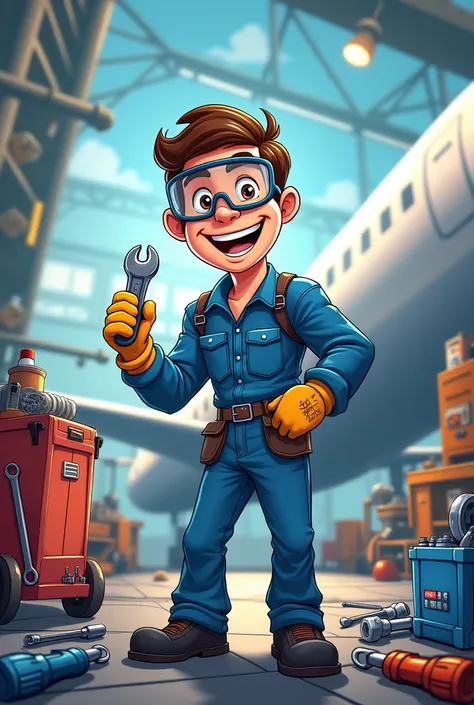 Cartoon aircraft maintenance technician with tools behind him