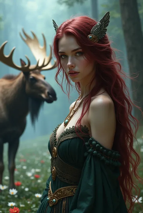 Goddess of the underworld on the right wine-colored hair, with a large moose in the background on the left 