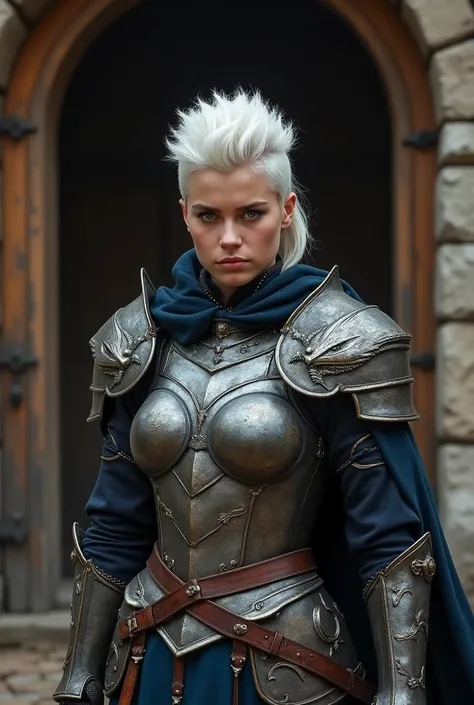 Young woman tall muscular, wide, bright-eyed, With cropped White hair, wearing a medieval Armor with wolf shoulder pads, black and a Blue cape, angry at the entrance door of a tavern, Realistic, Full HD, best quality