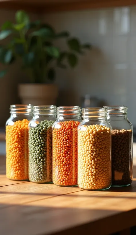 5 glass jar filled with 5 different lentils, on a wooden kitchen table, natural light, high quality, realistic, photorealistic, 8k, professional photography, food still life, warm color tones, chiaroscuro lighting, detailed textures, minimalist composition