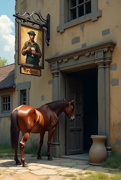 The Brown Horse A weathered signboard by the door of this large building shows the faded image of a workman holding a flagon of ale.