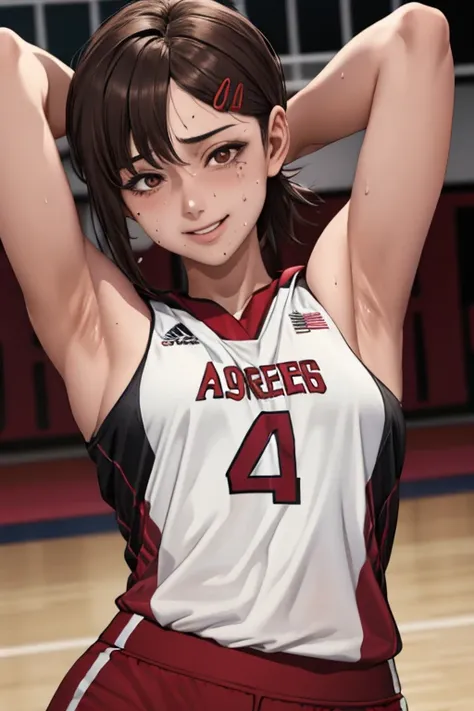 masterpiece, best quality, kobeni, moles, volleyball uniform, brown hair,red pants, looking at viewer, small breasts, upper body, portrait, looking at viewer, parted lips, seductive smile, sweating, arms up, detailed armpits, sweat armpits