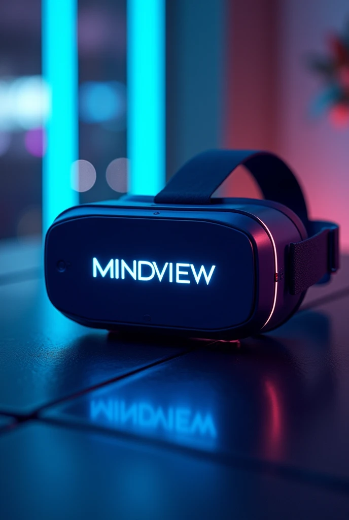 Dark blue VR that puts on the front part "MindView", and that has a synthwave and vaporwave style
