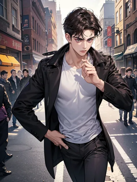 a boy with purple eyes. wavy short dark brown hair. cool, and handsome. he thin. he handsome. his hair wavy with side-parted hair. dominant type. Background in town. jogging. not have expression. wear black jacket. spy. Background in city