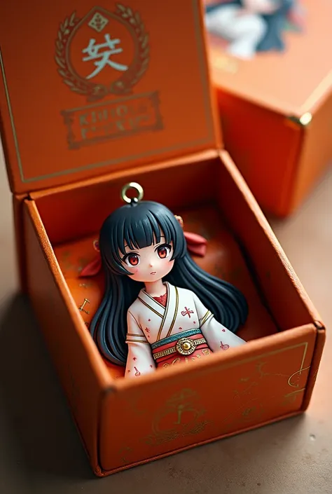 Orange charm box, with an anime character, an anime girl with long black hair without bangs, drawn, encrypted, on the inside of the box lid, charm inside with the same design as the character on the lid., traditional charm, traditional Vivara brand charm a...