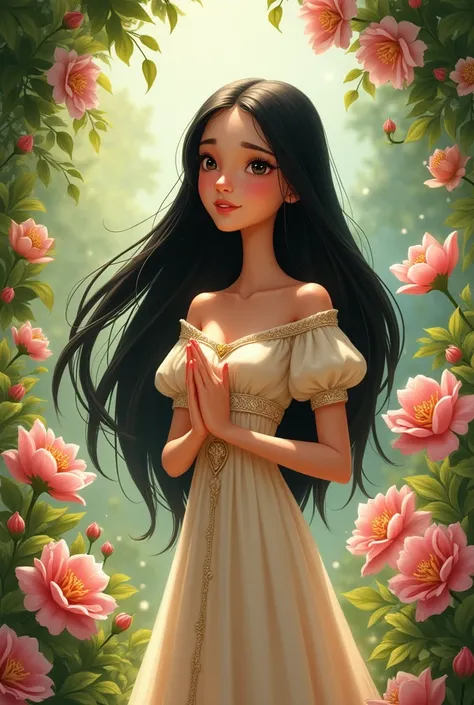 Create a Disney style image of a skinny princess with long black hair, follower of Saint Therese, a Catholic saint, in a beautiful flower garden.