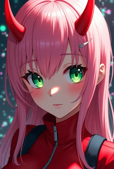 very detailed background, masterpiece, best quality, 1girl, solo, ((masterpiece, best quality)),best aesthetic, zero two (darling in the franxx), darling in the franxx, bangs, biting, blush, covered navel, eyeshadow, green eyes, hair behind head, hand on h...