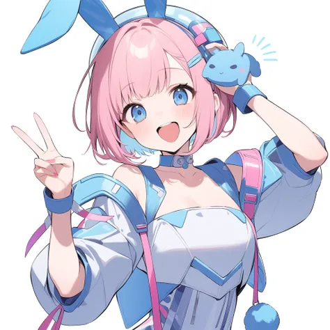 Pastel Theme、1 cute girl、blue eyes、Pink bob cut、Bunny ears、Laughing with your mouth open、Tilt your head、Upper Body、Fashionable、Futuristic clothing、Futuristic fashion decoration、（White background：1.2）、Cowboy Shot、Choker、V on head、A blue rabbit on his should...