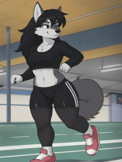 Furry, wolf, female, black shirt, black spandex bike shorts, shoes, indoor running track, solo, full body