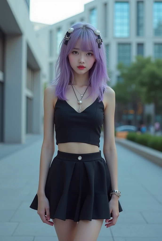 1 girl, best quality, masterpiece, high resolution, [purple|sliver|green] _hair, black miniskirt, hair accessory, necklace, jewelry, beautiful face, looking forward, full body view, realistic, outdoor, modern square, two-tone lighting, (high detail skin: 1...