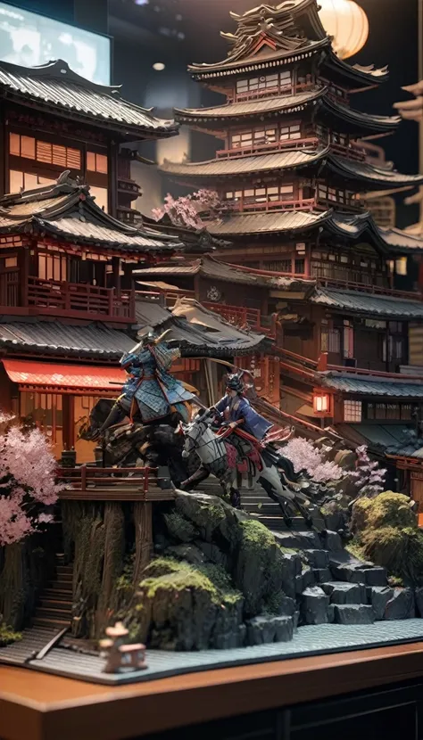 Future Japan, culture, samurai, geisha, sushi, Cyberpunk megacity streetscape, Intricate details, (masterpiece), (Best Quality), (Very detailed), so beautiful, figure, Perfect composition, Vaporware