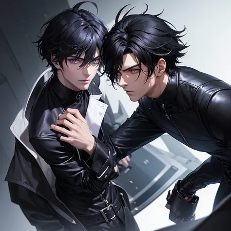 Create a highly attractive anime-style handsome young male character with a sleek, black-themed outfit. His hair is dark, styled in a modern, edgy way, and his eyes are piercing and intense. The character should have an aura of mystery and confidence. Inco...