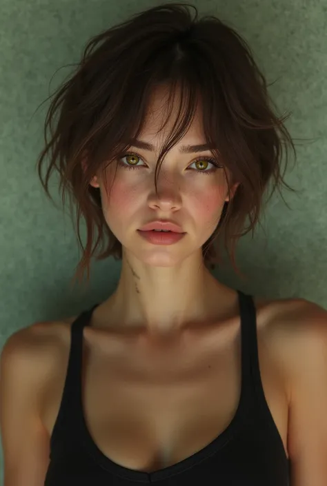 girl with short brown hair, pale skin, and yellow-green eyes, a bit of dirt, and a scar on her cheek but with a gorgeous slim model face wearing a black tank top